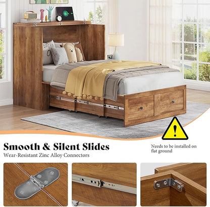 AMERLIFE Twin Murphy Bed Cabinet with Charging Station and Storage Drawer, Farmhouse Foldable Platform Bed for Home Office, Apartment, Small Spaces, Barnwood