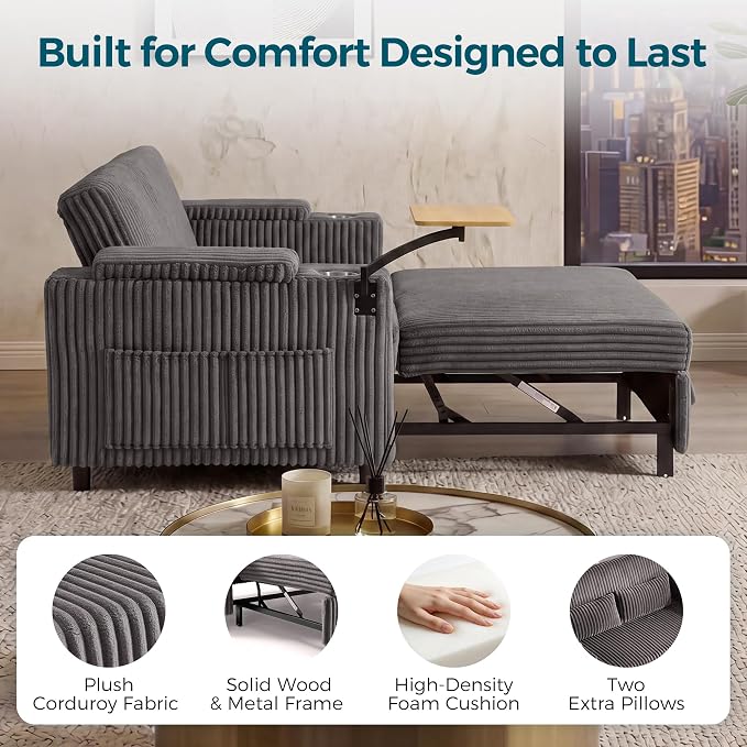 LINSY HOME 3-in-1 Pull Out Sofa Bed, 58" Convertible Sleeper Sofa for Living Room, 360° Swivel Table, Storage Armrests, Charging Station, Cup Holders, 2 Pillows, Corduroy Loveseat Futon Couch, Grey