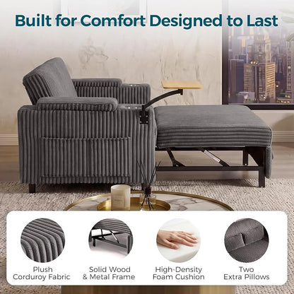 LINSY HOME 3-in-1 Pull Out Sofa Bed, 58" Convertible Sleeper Sofa for Living Room, 360° Swivel Table, Storage Armrests, Charging Station, Cup Holders, 2 Pillows, Corduroy Loveseat Futon Couch, Grey