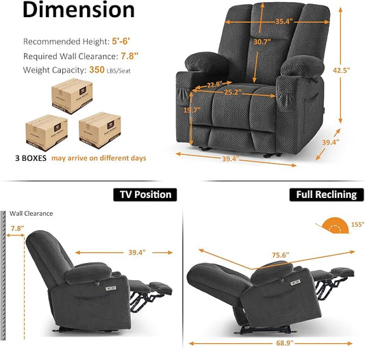 MCombo Oversized Zero Gravity Recliner Chair with Heating and Massage, Power Recliner for Big and Tall with USB & Type C Ports, Cup Holders for Living Room 8017 (Grey, Oversized)