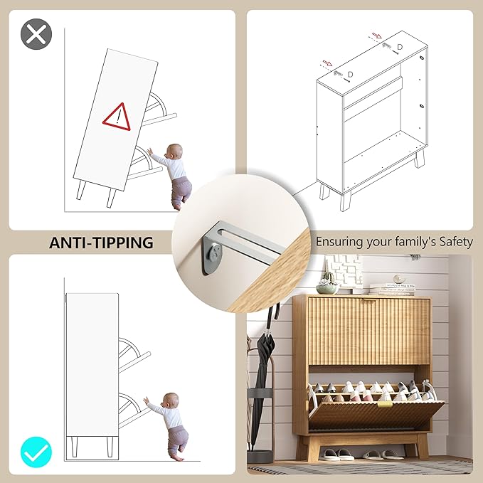 HUANLEGO Shoe Cabinet Storage for Entryway with 2 Flip Drawers, Fluted Narrow Shoe Organizer with Wooden Legs, Freestanding Slim Shoe Storage Hidden Shoe Rack Organizer for Front Door Entrance, Oak