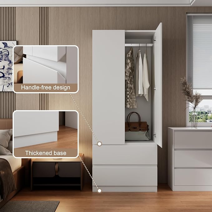 Mekminop White Armoire Wardrobe Closet with Large Capacity, 78.74" Tall Bedroom Armoire, Wooden Wardrobe Cabinet with 2 Drawers, Storage Shelves and Hanging Rod