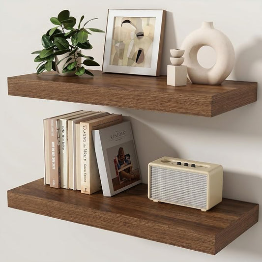 Floating Shelves for Wall, 24 Inch x 8 Inch Deep Wall Mounted Wood Shelf with Invisible Brackets for Storage & Display, Living Room Bedroom Kitchen, Walnut, Set of 2