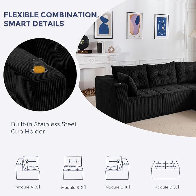 MAXYOYO Modular Sectional Sofa Couch, L Shaped Modern Cloud Couch with 1 Ottoman, Sofa in A Box, Tufted 4-Seat Boneless Chair for Living Room, No Assembly Required, Black