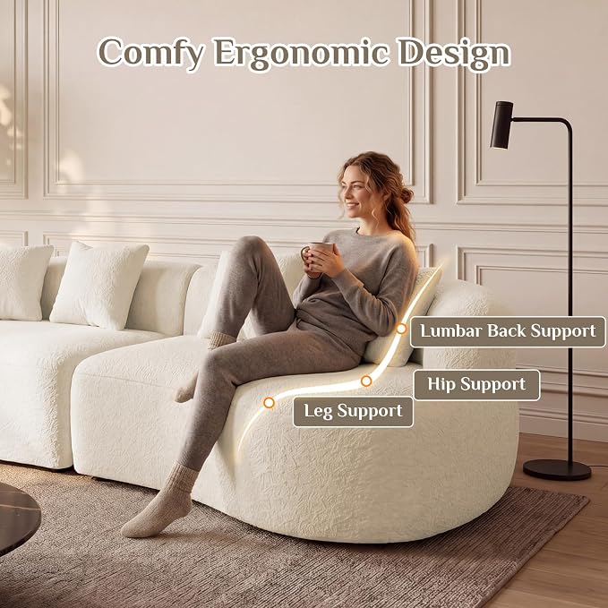 113" Curved Sectional Sofa Modern Cream Cloud Couch Modular Sectional Couches for Living Room Boneless Cloud Sofa Boucle Loveseat Comfy Chenille Deep Seat with 4 Pillows, Cream White