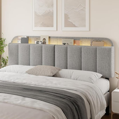 Headboard for King/California King Size Bed, Upholstered Bed HeadBoard with Storage, Linen Fabric Head Board with Vertical Channel Design, Height Adjustable, Easy to Assemble, Light Grey