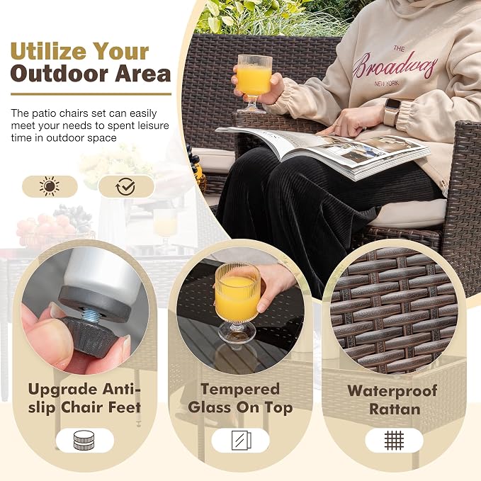 Brown & Beige 4-Piece PE Wicker Patio Furniture Set, Indoor Outdoor All Weather Rattan Conversation Chairs for Porch, Garden, Poolside & Balcony