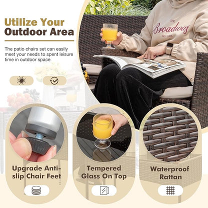 Brown & Beige 4-Piece PE Wicker Patio Furniture Set, Indoor Outdoor All Weather Rattan Conversation Chairs for Porch, Garden, Poolside & Balcony