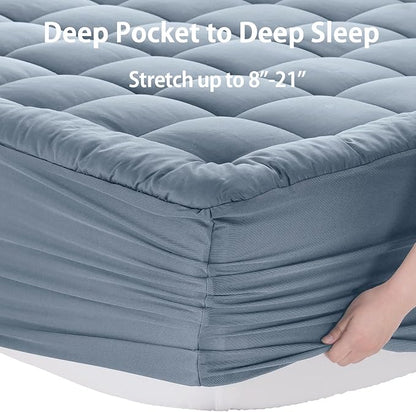 EASELAND King Size Mattress Pad Pillow Top Mattress Topper Cotton Top | 8-21" Deep Pocket Cooling Mattress Cover/Protector 78*80 Inches Dusty Blue, Boxing Quilted & Machine Washable