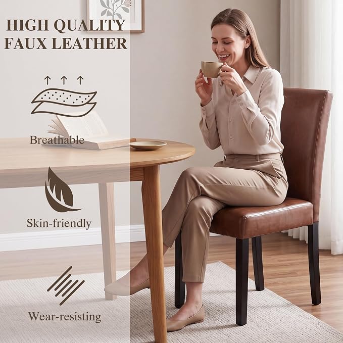 LSSBOUGHT Modern Dining Chair Urban Style Linen Kicthen Chairs with Solid Wood Legs for Dining Room and Restaurant (Brown, Set of 4)