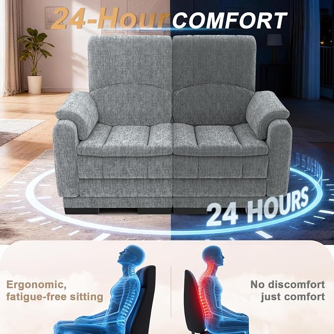 Yolsali Boneless Loveseat Sofa, High-Density Cloud-Like Double Cushion Floor Sofa Couch, Chenille Small Boneless Couch for Living Room, 850 lb Support, Raised Backrest, Ergonomic, Easy Assembly, Grey