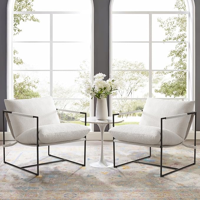 Furnilivng Large Sling Accent Chairs Set of 2, Comfortable Boucle Fabric Arm Chair, Upholstered Cozy Reading Chair for Living Room, Bedroom, Dressing Room, Home Office, White