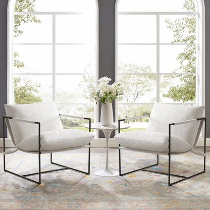 Furnilivng Large Sling Accent Chairs Set of 2, Comfortable Boucle Fabric Arm Chair, Upholstered Cozy Reading Chair for Living Room, Bedroom, Dressing Room, Home Office, White
