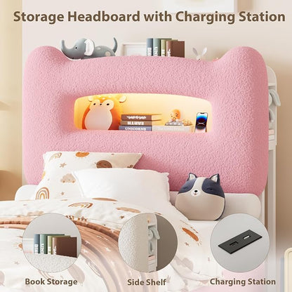 GarveeHome Led Twin Bed Frame for Kids with Drawer, Upholstered Sturdy Platform Bed with Storage Headboard and Charging Station, Noise Free, Easy Assemble, for Girls/Boys, Pink