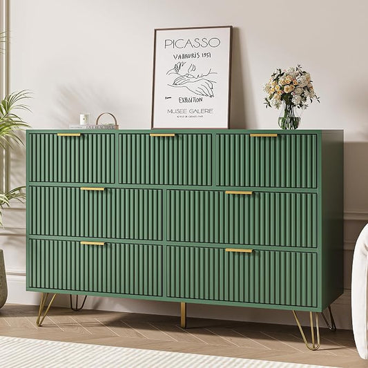 MAISONARIA Green Dresser for Bedroom, 7 Drawer Dresser with Gold Pulls, Wide Chest of Drawers for Bedroom, Entryway, 47.2" L x 15.7" D x 31.4" H