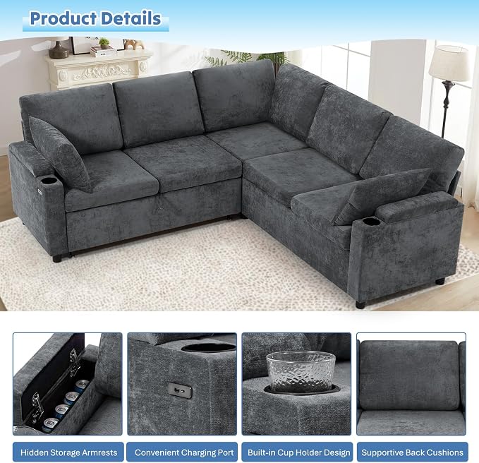 85" Chenille Sectional Sofa w/Pull Out Bed & Storage Space, Grey | Upholstery L Shaped Couch w/Cup Holders, Modern Corner Sofa w/USB Charging Port & Throw Pillow for Living Room