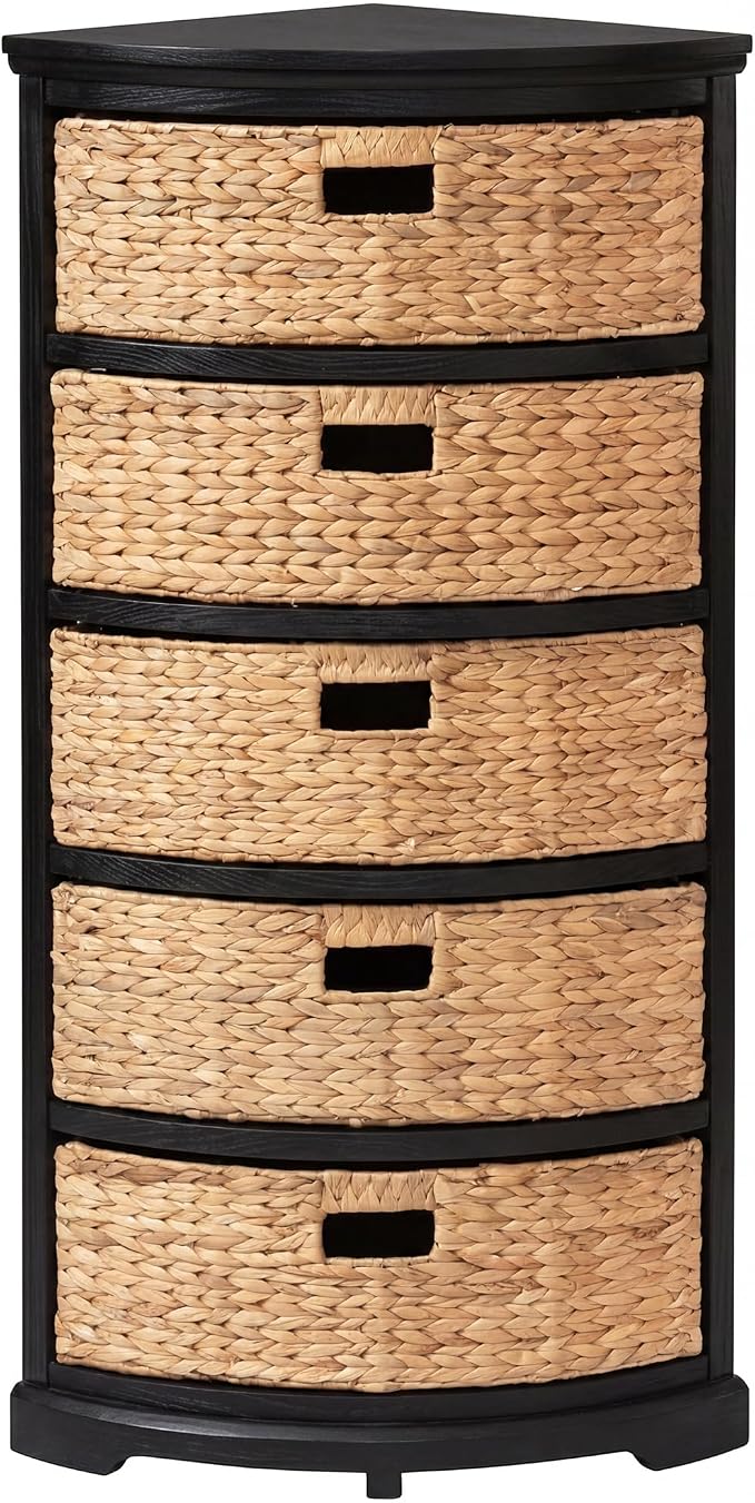 eHemco Hampton Meadows 5 Tier X-Side Corner Storage Cabinet, Black | 5 Wicker Baskets