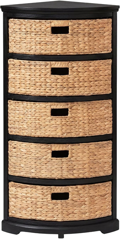 eHemco Hampton Meadows 5 Tier X-Side Corner Storage Cabinet, Black | 5 Wicker Baskets