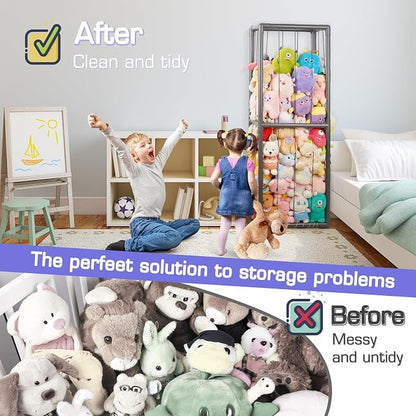 Stuffed Animal Storage Zoo Holder Space Save, PVC Stuffed Animal Organizer | Vertical Plush Toy Organizer with Elastic Band and Net, Large Capacity Stuffy Storage for Playroom Bedroom Nursery