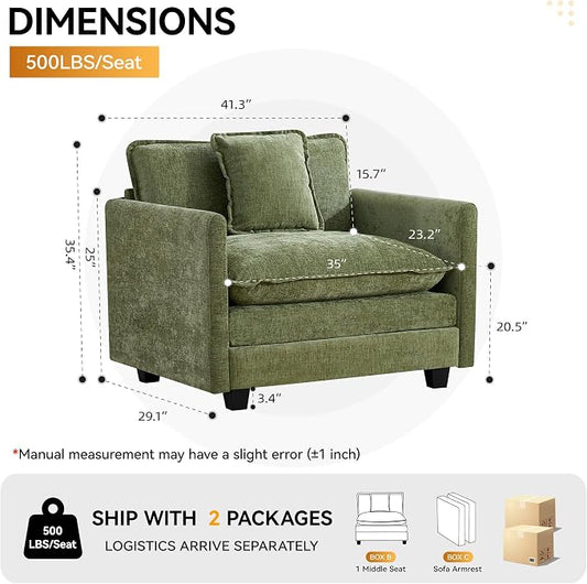 WUTUTUEE 41'' Modern Chenille Oversized Chair, Upholstered Accent Living Room Chair with Extra Thicked Deep Seat, Single Lounge Chair for Bedroom, Small Apartment,Green