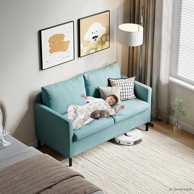 TYBOATLE 51" W Linen Fabric Upholstered Modern Loveseat Sofa Couch for Living Room, Love Seats 2-Seater Furniture w/Iron Legs for Compact Space, Apartment, Bedroom, Dorm, Office, Aqua Blue