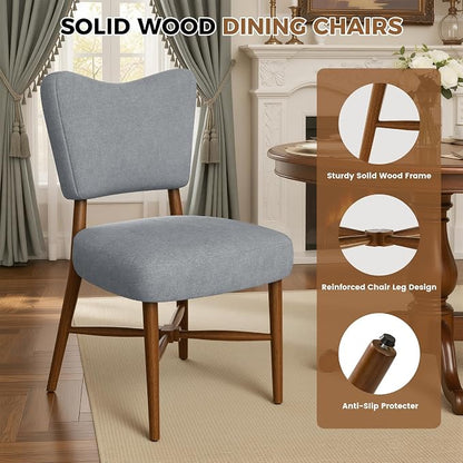 Mid Century Dining Chairs Set of 4, Linen Seat, Wood Legs, Gray | Farmhouse, Upholstered Padded Cushion, Solid Wood Cross-Brace, Easy 15-Min Assembly, Kitchen Dining Room