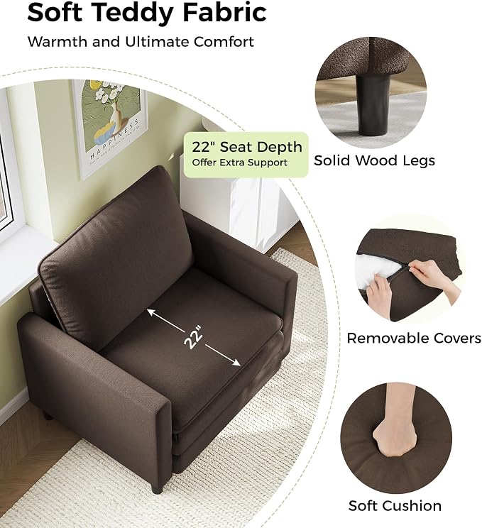 Welzona 3-Layers Cloud Accent Chair, 33" Reading Chair for Bedroom, Living Room - Tool-Free Assembly with Teddy Fabric Couch Chair - Brown - Arm Chairs - Removable Washable Covers - 450lb Capacity