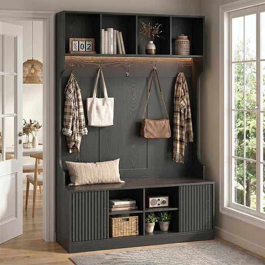 Hall Tree with Bench and Shoe Storage, 5-in-1 Entryway Coat Rack with LED Sensor Light, Hooks and Storage Cubes, Shoe Cabinet with Fluted Door, Modern Hall Tree for Entryway, Living Room