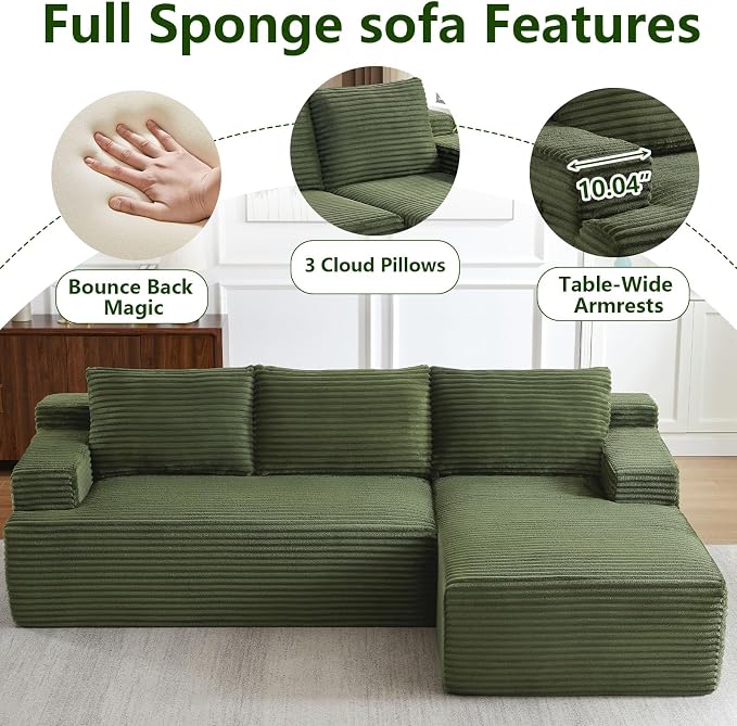96" Modular Sectional Sofa, Modern Corduroy Cloud Couch, Boneless Couch Upholstered 3-Seater L-Shaped Sofa for Living Room, No Assembly Required (Green, Right-Facing Chaise)