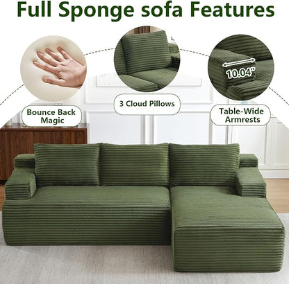 96" Modular Sectional Sofa, Modern Corduroy Cloud Couch, Boneless Couch Upholstered 3-Seater L-Shaped Sofa for Living Room, No Assembly Required (Green, Right-Facing Chaise)