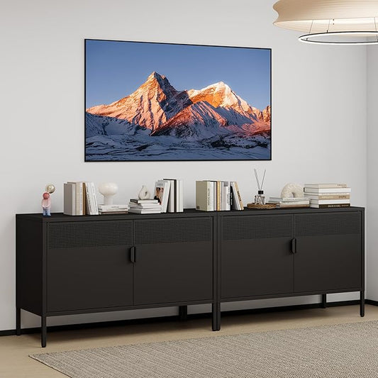Black 25" H Metal Storage Cabinet, Metal TV Stand with Adjustable Shelf, 2 Door Accent Cabinet, 2-Tier Low Cabinet with Vent Hole, Storage Cabinets for Entryway, Home Office, Music Studio