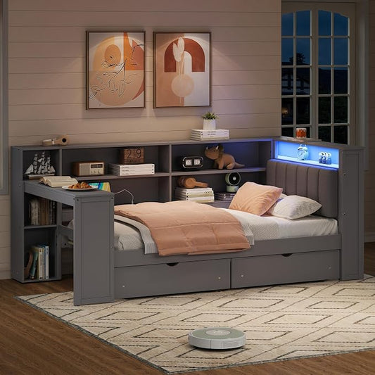 Bellemave Twin Corner Bed with Storage Shelves and Desk, Upholstered Headboard Daybed with Bookcase and Drawers，Daybed with Storage, Grey+ Grey Cushion