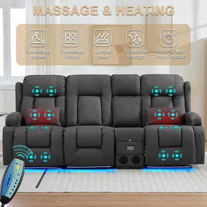 URRED Power Loveseat Recliner Sofa with Massage and Heat, Wall Hugger Reclining Loveseat with Console, RV Couch Home Theater Seating with LED Lights for Living Room (Gray, 89.8" - 3 Seats)