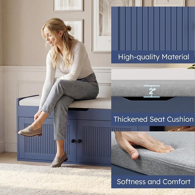 39.4" Storage Bench - Entryway Shoe Bench with Side Storage Shelves and 2 Doors, Multifunctional Entryway Bench with Lift Top Cushion, Shoe Storage Bench for Bedroom, Living Room, Navy Blue