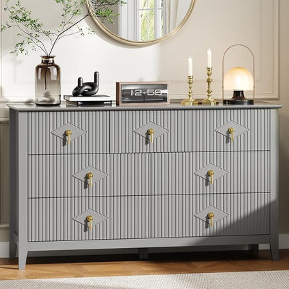 GarveeHome Fluted Dresser for Bedroom, 54 Inch Wide 7-Drawer Wood Dresser, Modern Chest of Drawers, Storage Organizer Cabinet for Living Room, Hallway, Entryway, Grey