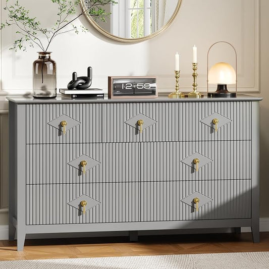 GarveeHome Fluted Dresser for Bedroom, 54 Inch Wide 7-Drawer Wood Dresser, Modern Chest of Drawers, Storage Organizer Cabinet for Living Room, Hallway, Entryway, Grey