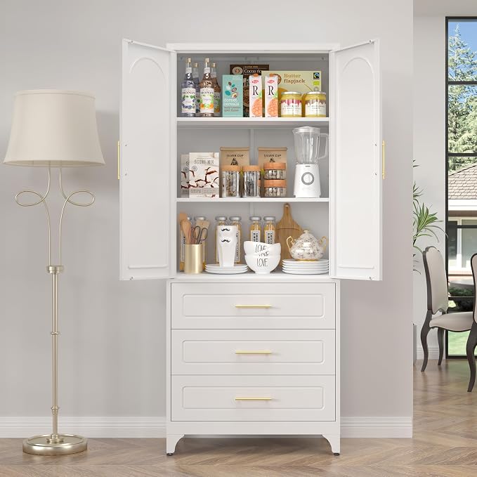 SteeLoong Metal Kitchen Pantry Cabinet with 3 Drawers，75 Inch White Food Pantry Cabinets for Kitchen Storage with 2 Adjustable Shelves,Tall Storage Cupboard for Living Room,Dining Room Office