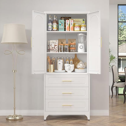 SteeLoong Metal Kitchen Pantry Cabinet with 3 Drawers，75 Inch White Food Pantry Cabinets for Kitchen Storage with 2 Adjustable Shelves,Tall Storage Cupboard for Living Room,Dining Room Office