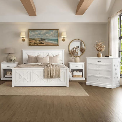 Farmhouse 4-Pieces Bedroom Sets, Queen Size Platform Bed with 2 Nightstands and 4-Drawer Storage, Wooden Bed Frame with Headboard and Footboard, Retro Queen Size Bedroom Set (White-4.13)