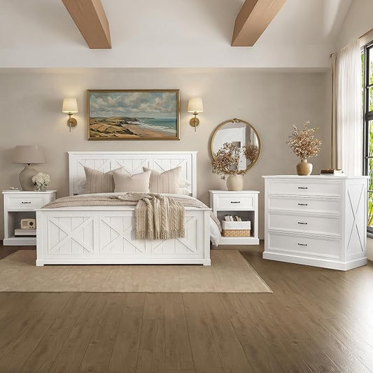 Farmhouse 4-Pieces Bedroom Sets, Queen Size Platform Bed with 2 Nightstands and 4-Drawer Storage, Wooden Bed Frame with Headboard and Footboard, Retro Queen Size Bedroom Set (White-4.13)