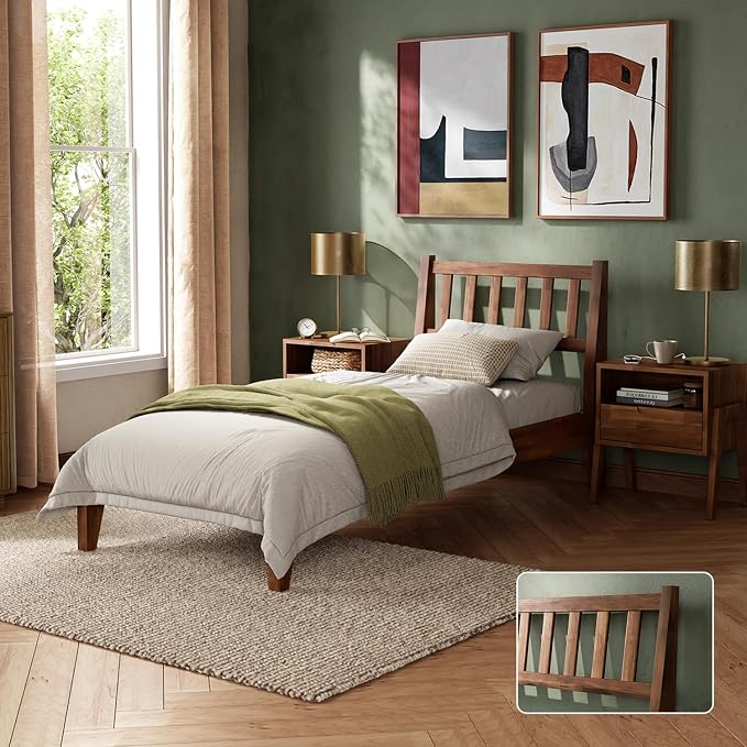 mopio Ted Bed Frame with Headboard, Mid Century Modern Acacia Solid Wood Platform Bed Frame, Wooden Slats, No Box Spring, Double Metal Bar Support (Solid Wood Slatted, Twin)