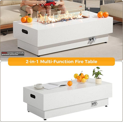IRONCK 50-Inch Outdoor Propane Fire Pit Table w Tank Table, CSA Certified, Rectangular Patio Fire Pit w Glass Rocks, Wind Guard and Cover, 58000 BTU 2 in 1 Outdoor Heater for Deck Garden, White