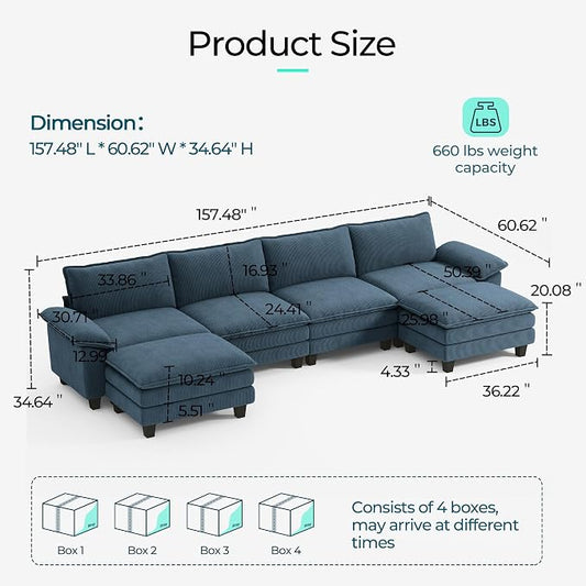 LINSY HOME 157'' Modular Sectional Sofa 4 Seat Couch Corduroy Cloud Couch with Deep Seat, Modern U-Shaped Cloud Couch with 2 Movable Ottoman for Living Room, Office, Bedroom, Blue