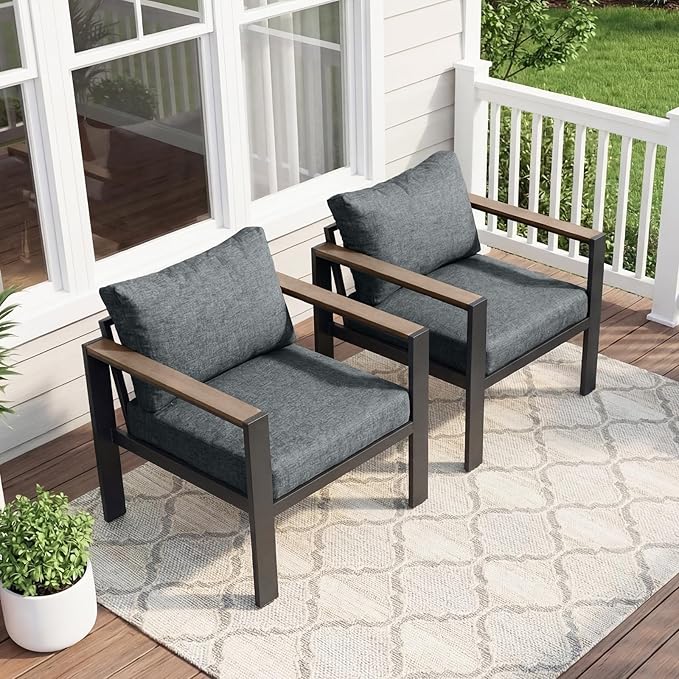 Patio Furniture Armchair Set of 2, All-Weather Patio Sofa with Washable Thick Cushion, Deluxe Aluminum Modern Outdoor Sectional for Porch, Balcony, Deck, Yard, Light Gray