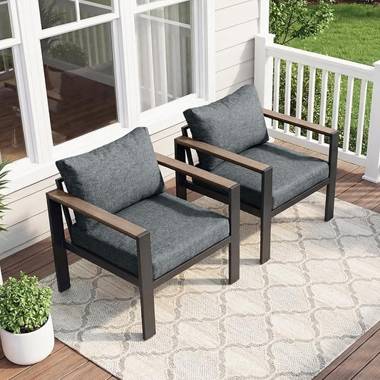 Patio Furniture Armchair Set of 2, All-Weather Patio Sofa with Washable Thick Cushion, Deluxe Aluminum Modern Outdoor Sectional for Porch, Balcony, Deck, Yard, Light Gray