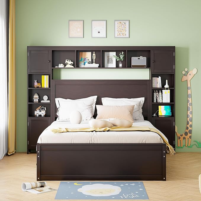 Merax Queen Size Wooden Bed with All-in-One Cabinet and Shelf, Espresso Platform Bed Frame with 2 Drawers, Trundle and Sockets