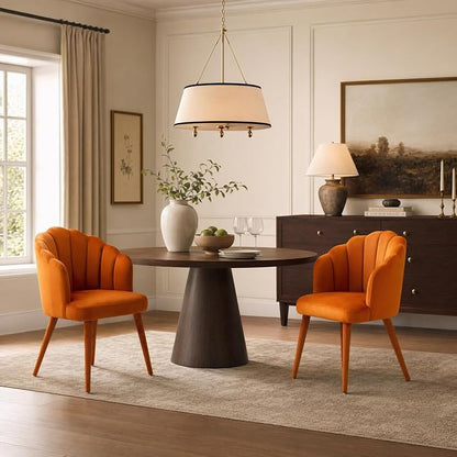 Hyfirm Velvet Dining Chairs Set of 2, Upholstered Modern Kitchen Dining Chairs with Petal Back & Fabric Covered Wooden Legs, Comfy Accent Armchairs for Bedroom/Kitchen/Vanity, Orange