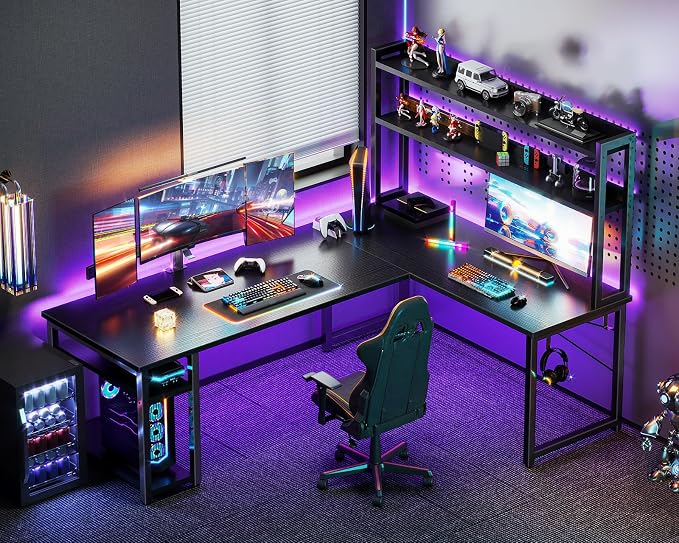 ODK L Shaped Gaming Desk with Hutch, Computer Desk with Storage Shelves, 66" L Shaped Desk for Home Office, Corner Desk with Headphone Hook, Black