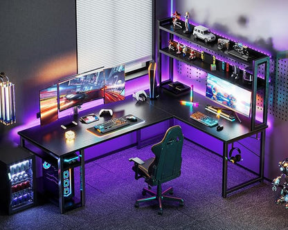 ODK L Shaped Gaming Desk with Hutch, Computer Desk with Storage Shelves, 66" L Shaped Desk for Home Office, Corner Desk with Headphone Hook, Black