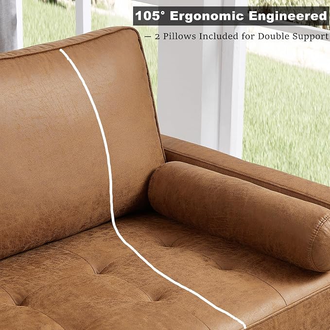 HIFIT 68" Faux Leather Couch Mid Century Modern Sofa Couch w/Tufted Deep Love Seat, 2 Pillows & Solid Wood Frame, Home Sofa Living Room Small Couches for Small Space, Bedroom, Office, Apartment, Brown